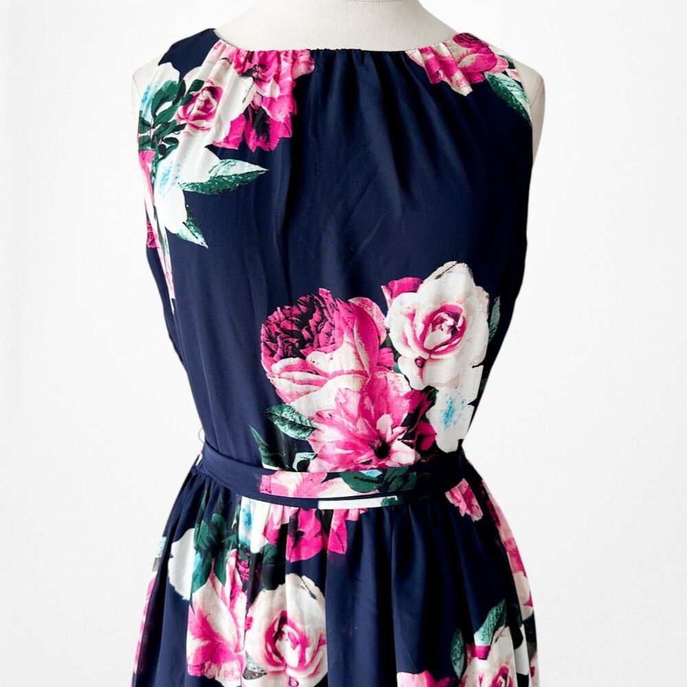 Vintage Y2K Sleeveless Navy Blue Pink Floral Flared Waist Tie Maxi Dress Size M - Picture 7 of 8